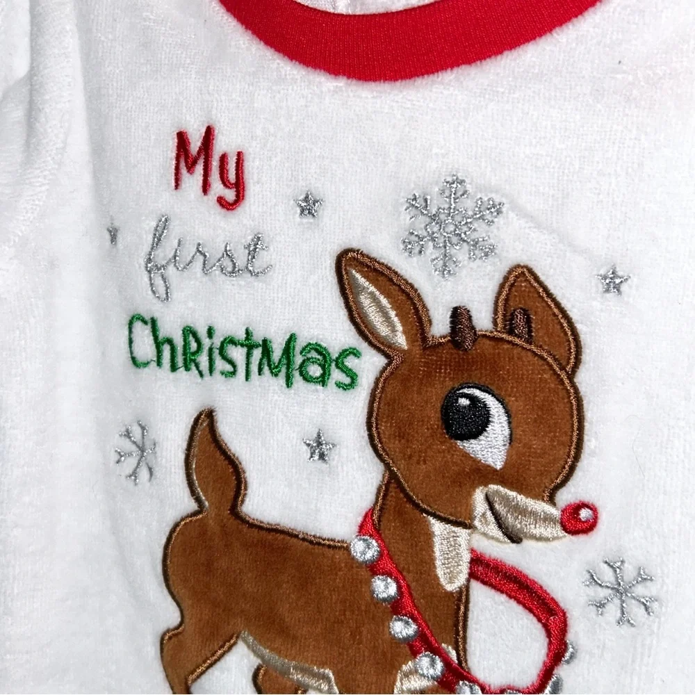 Baby Girl Rudolph 3‎ Month White Velour Christmas Footed Outfit